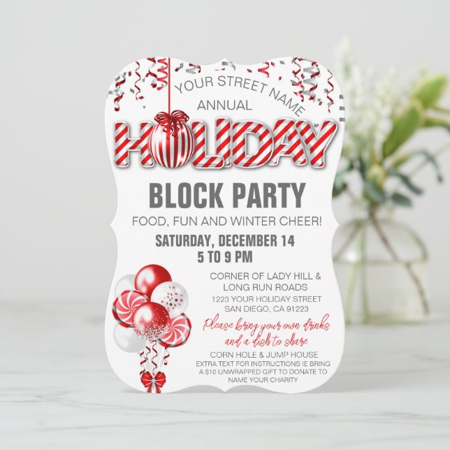 Balloon Peppermint Candy Cane Holiday Einladung (Stehend Vorderseite)