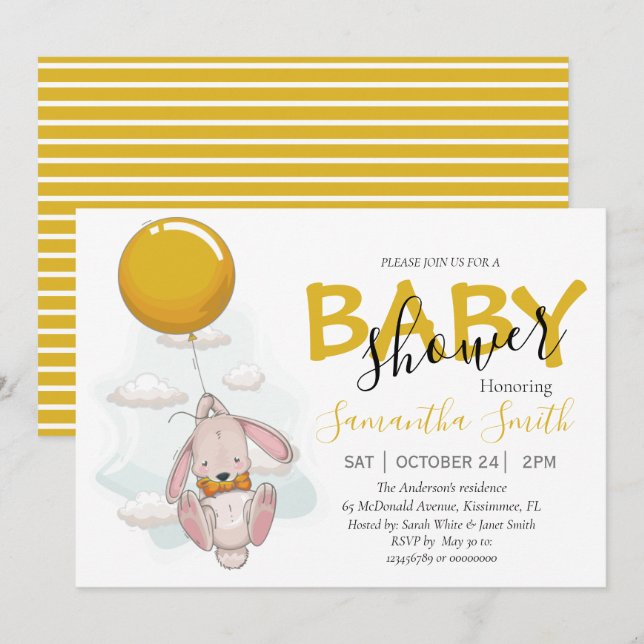 Balloon Rabbit Baby Shower Einladung (Vorne/Hinten)