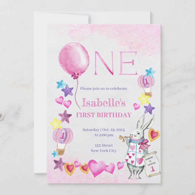 Balloon rose Baby Birthday Watercolor Invitation (Devant)