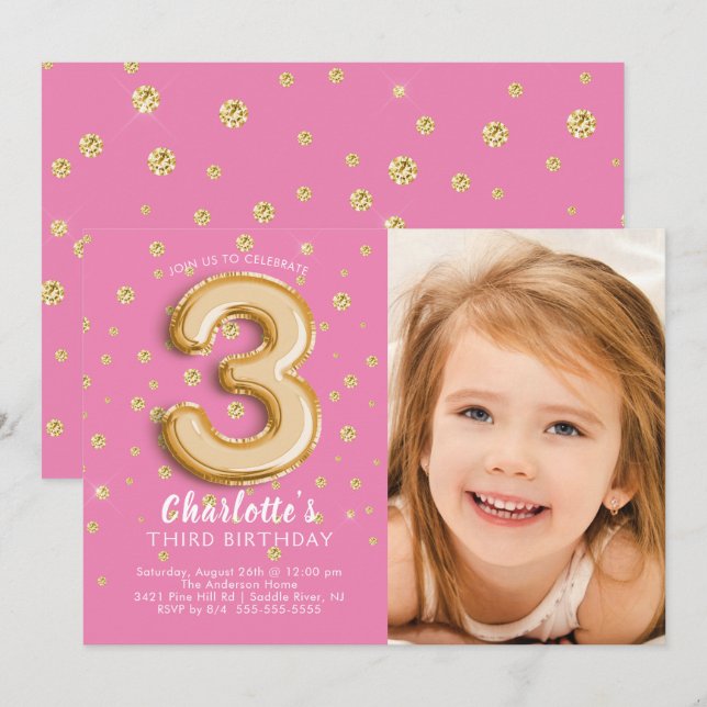 Balloon rose Foil Photo 3e anniversaire Invitation (Devant / Derrière)