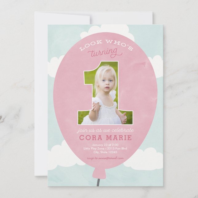 Balloon rose Premier Anniversaire Photo Invitation (Devant)