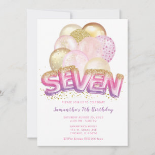 Balloon rose violet or 7e anniversaire Invitation