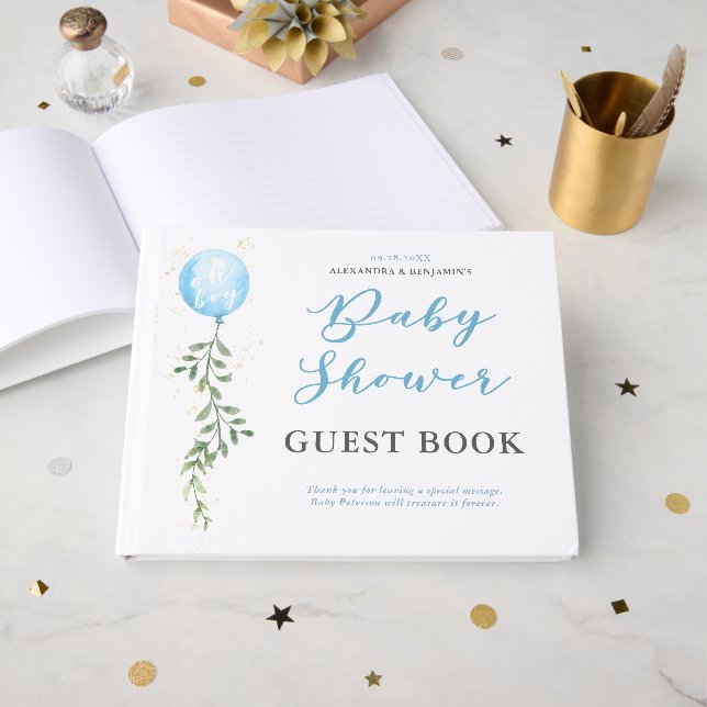 Balloon Soft Greenery Dusty Blue Boy Baby Shower Gästebuch (Vorderseite Offen)