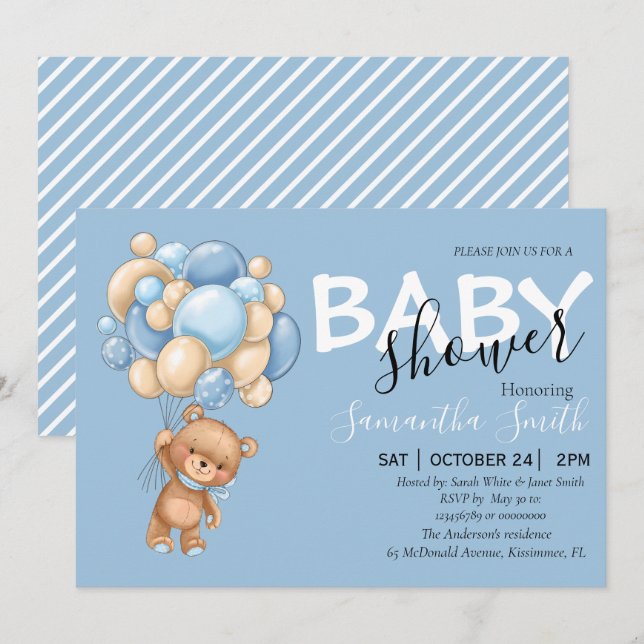 Balloon Teddy Bear Blue Baby Shower Einladungen (Vorne/Hinten)