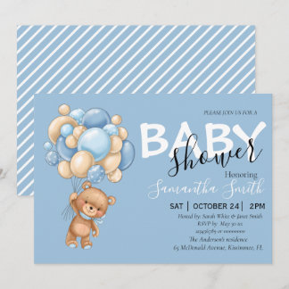 Balloon Teddy Bear Blue Baby Shower Einladungen