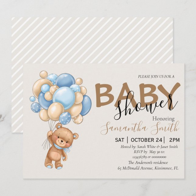 Balloon Teddy Bear Brown Baby Shower Invitations (Devant / Derrière)