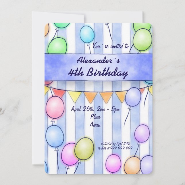 Balloons auf blauen Streifen Geburtstag Einladung (Vorderseite)