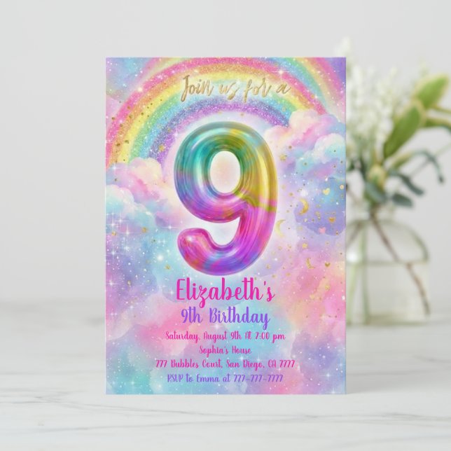 Balloons Birthday 9th Birthday  Einladung (Stehend Vorderseite)