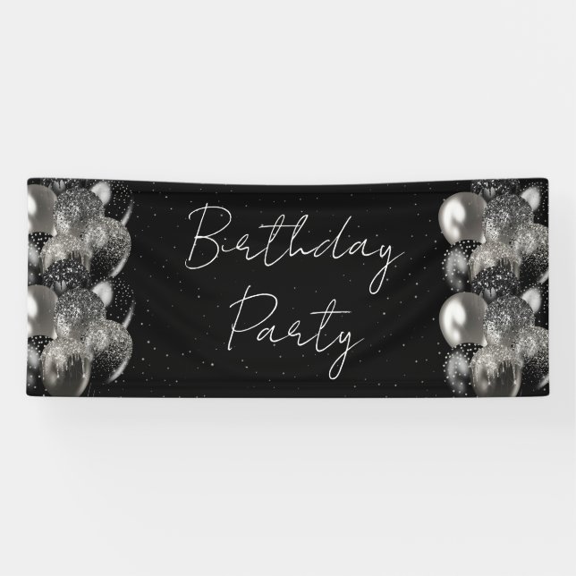 Balloons Birthday Black Silver Glitzer Party Banner (Horizontal)