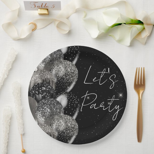 Balloons Birthday Black Silver Glitzer Party Pappteller (Hochzeit)