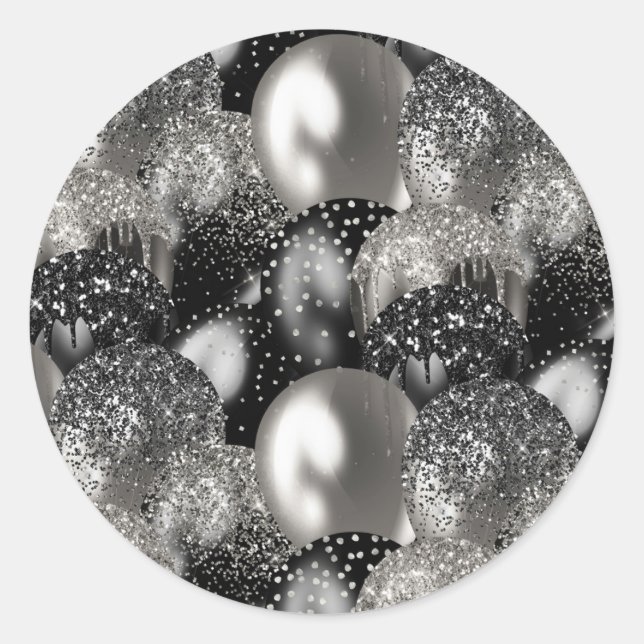 Balloons Birthday Black Silver Glitzer Party Runder Aufkleber (Vorderseite)