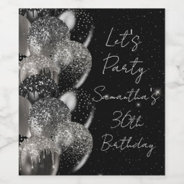 Balloons Birthday Black Silver Glitzer Party Weinetikett