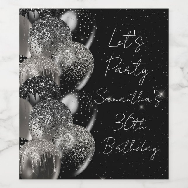 Balloons Birthday Black Silver Glitzer Party Weinetikett (Einzelnes Label)