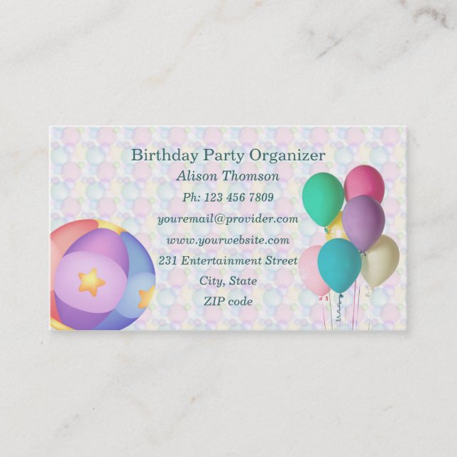 Balloons Birthday Party Organizer Business Card Visitenkarte (Vorderseite)