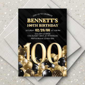 Balloons Black Gold 100. Geburtstag Einladung