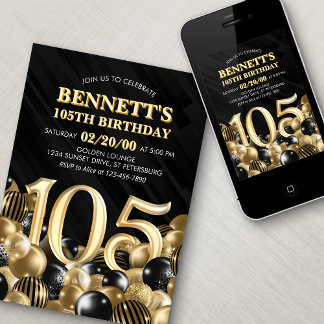 Balloons Black Gold 105. Geburtstag Einladung