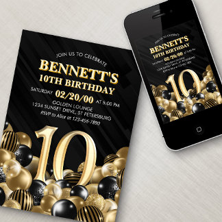 Balloons Black Gold 10. Geburtstag Einladung