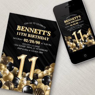 Balloons Black Gold 11. Geburtstag Einladung