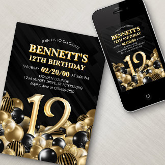 Balloons Black Gold 12. Geburtstag Einladung