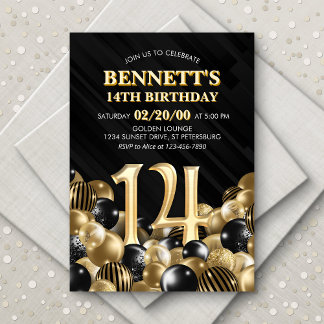Balloons Black Gold 14. Geburtstag Einladung