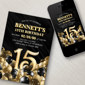 Balloons Black Gold 15. Geburtstag Einladung