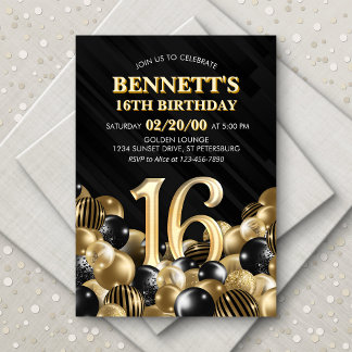 Balloons Black Gold 16. Geburtstag Einladung
