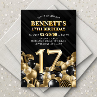 Balloons Black Gold 17. Geburtstag Einladung