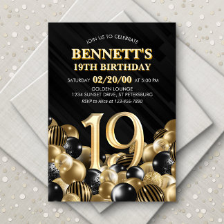 Balloons Black Gold 19. Geburtstag Einladung