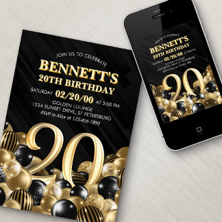 Balloons Black Gold 20. Geburtstag Einladung