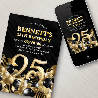 Balloons Black Gold 25. Geburtstag Einladung