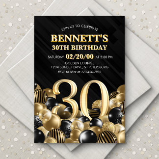 Balloons Black Gold 30. Geburtstag Einladung
