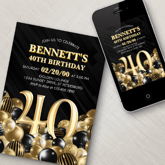 Balloons Black Gold 40. Geburtstag Einladung