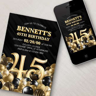 Balloons Black Gold 45. Geburtstag Einladung