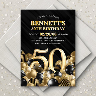 Balloons Black Gold 50. Geburtstag Einladung