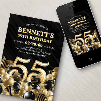 Balloons Black Gold 55. Geburtstag Einladung