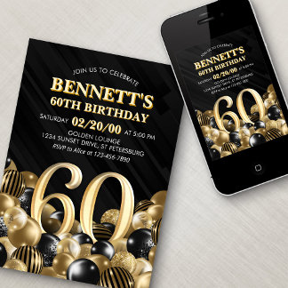Balloons Black Gold 60. Geburtstag Einladung