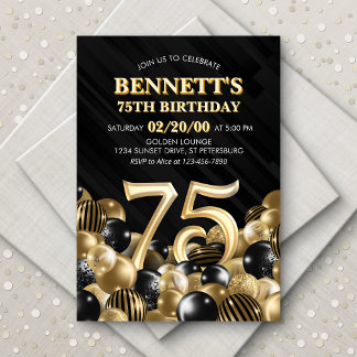 Balloons Black Gold 75. Geburtstag Einladung