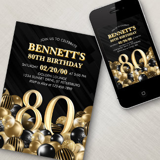 Balloons Black Gold 80. Geburtstag Einladung