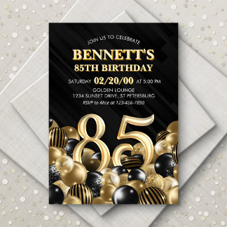 Balloons Black Gold 85. Geburtstag Einladung