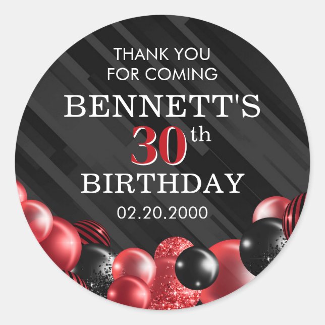 Balloons Black Red Birthday Runder Aufkleber (Vorderseite)