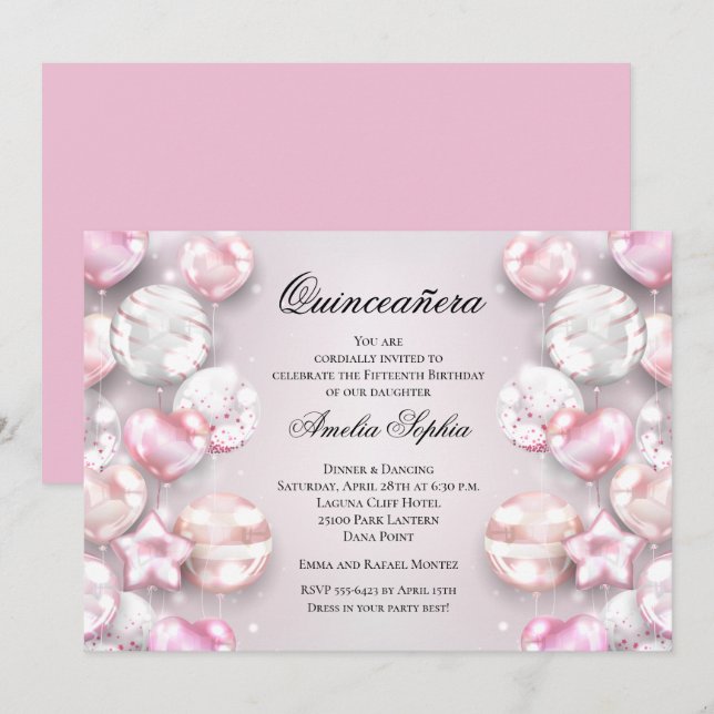 Balloons blancs roses Quinceañera Invitations (Devant / Derrière)