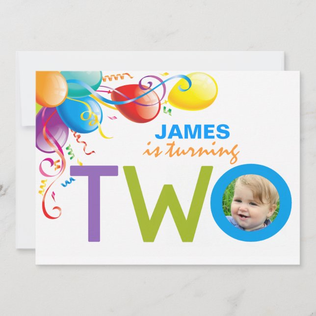 Balloons Boy Two Birthday Party | Foto Einladung (Vorderseite)
