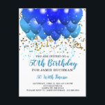 Balloons Confetti auf der weißen 50. Geburtstagspa Einladungspostkarte<br><div class="desc">Neonblaue und aquamarine Ballons und Konfetti 50. Geburtstagsparty Postcard Einladung,  50 mit Finesse. Reich blaue Farben auf weiß. Personalisieren Sie Ihr Party.</div>