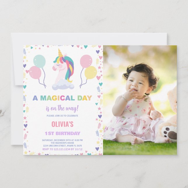 Balloons Einhorn Geburtstag Einladungen mit Foto (Vorderseite)