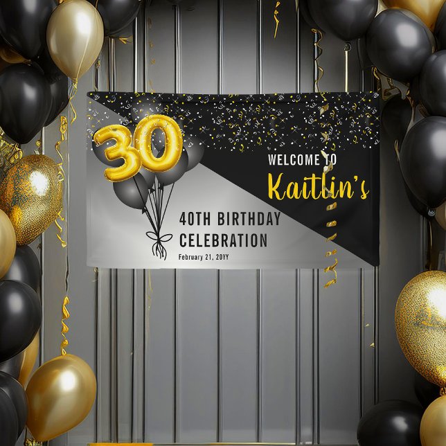 Balloons Elegant Black | Gold 30. Geburtstag Party Banner (Elegant Gold Tone Balloon Numbers and Black Balloons Black, Gold, Silver 30th Birthday Party Banner)