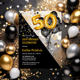Balloons Elegant Black   Gold 50. Geburtstagsparty Acryleinladungen