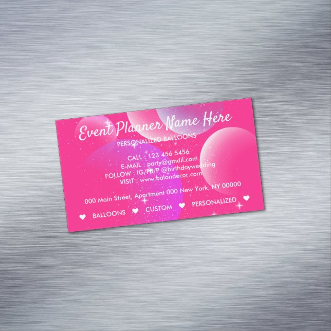 Balloons Event Party Plan Dekoration Rosa Magnetische Visitenkarte (Beispiel)