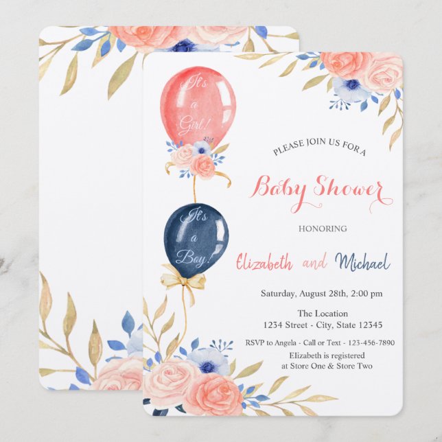 Balloons Floral Baby Dusche Einladung (Vorne/Hinten)