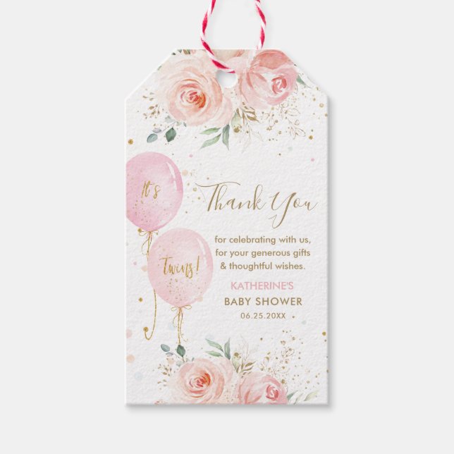 Balloons Floral Twins Baby Dusche Vielen Dank für  Geschenkanhänger (Vorderseite)