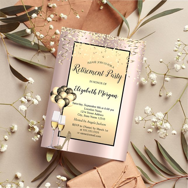 Balloons, Gold Confetti Rose Gold Rente Einladung (Von Creator hochgeladen)